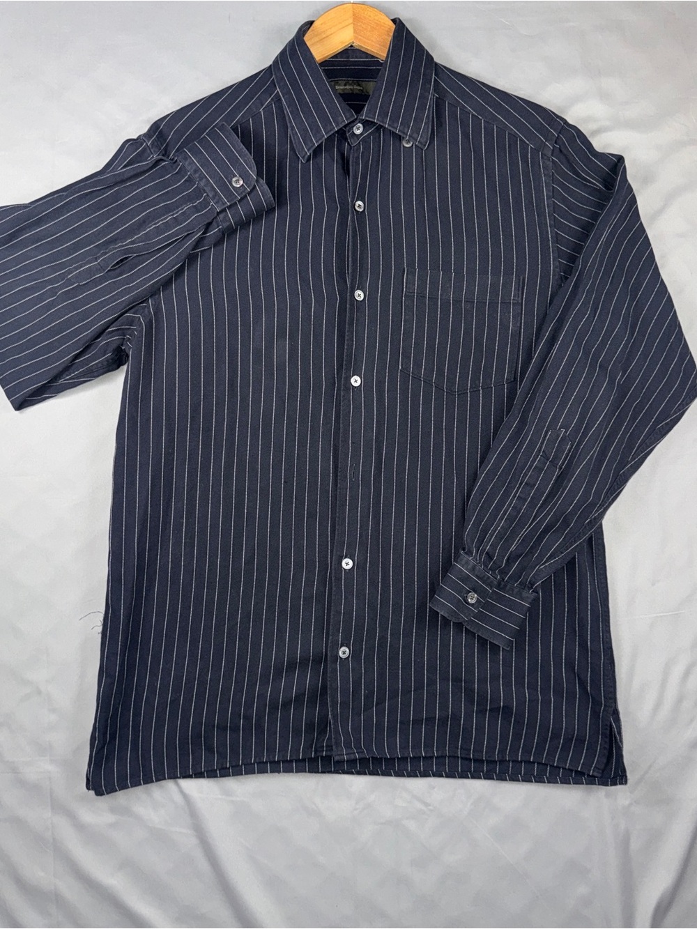 Ermenegildo Zegna Shirt Mens Medium Blue Stripe Button Front Long Sleeve Casual